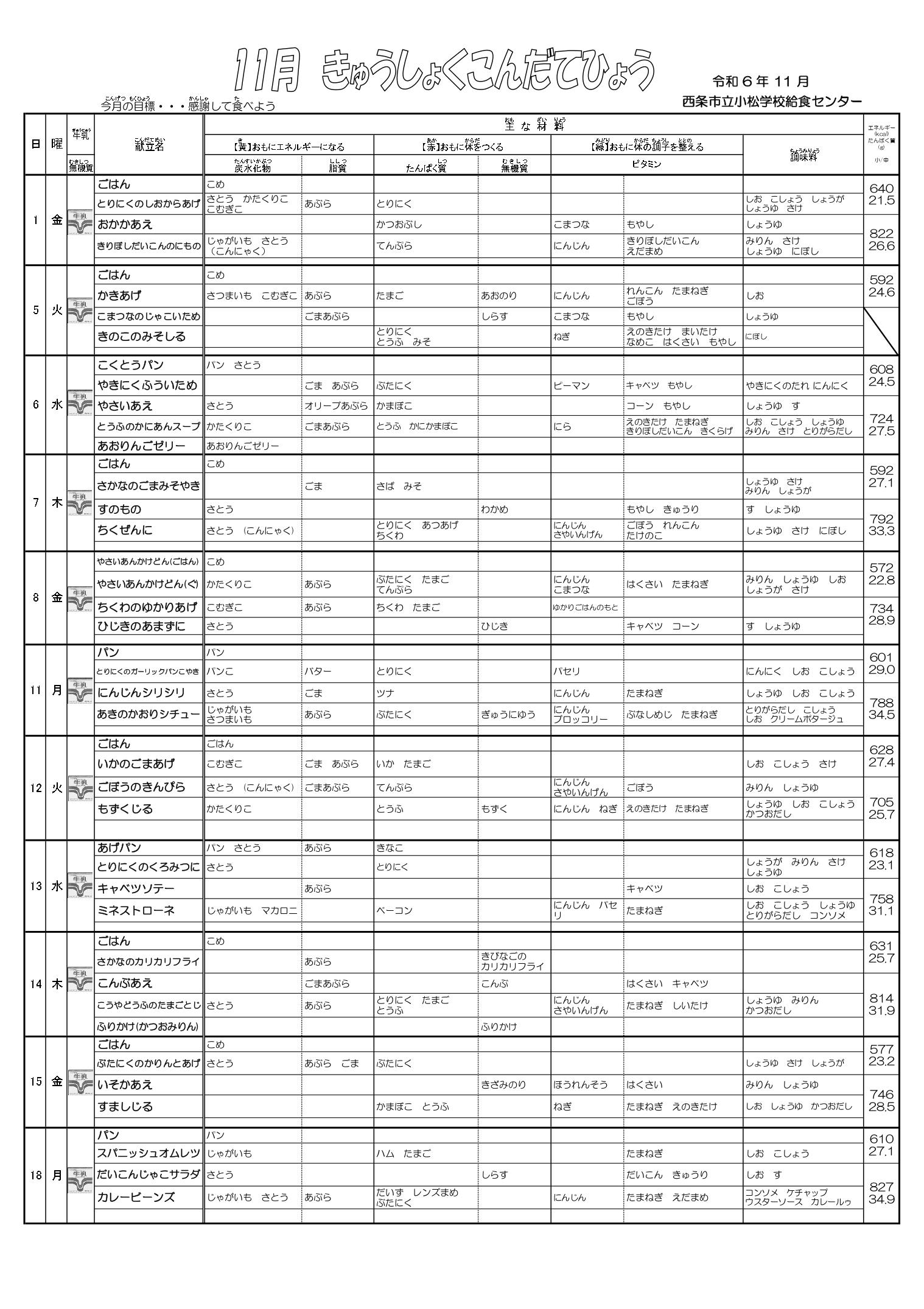 11月献立表①